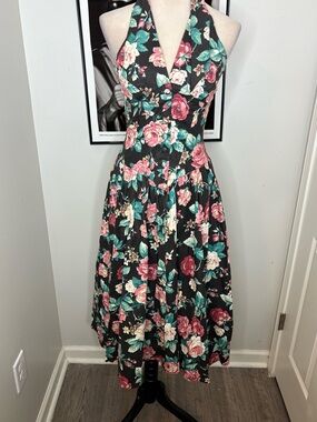 80s inspired Floral Halter Midi Dress in Black and Pink